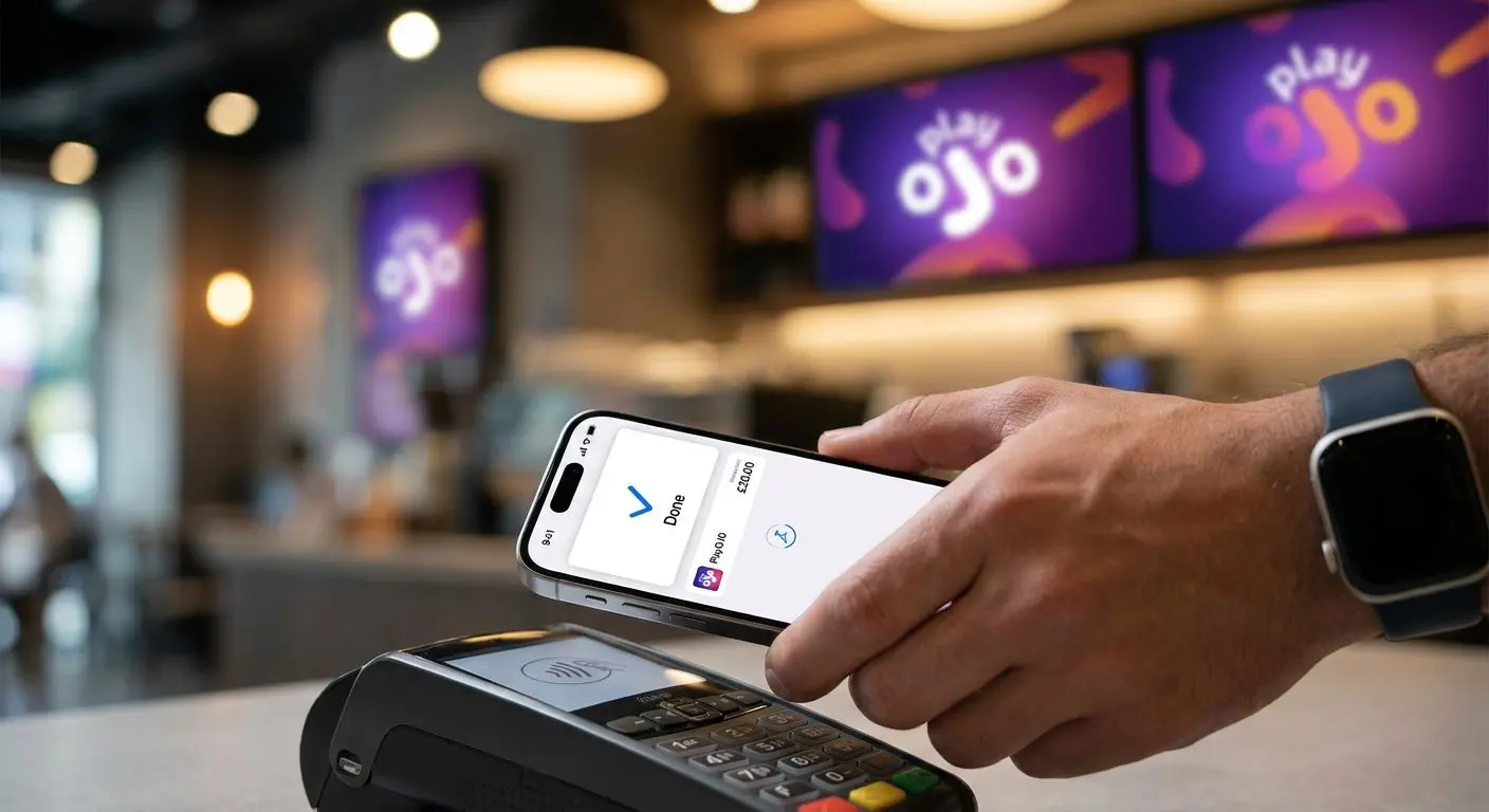 iPhone showing Apple Pay confirmation with PlayOJO in background