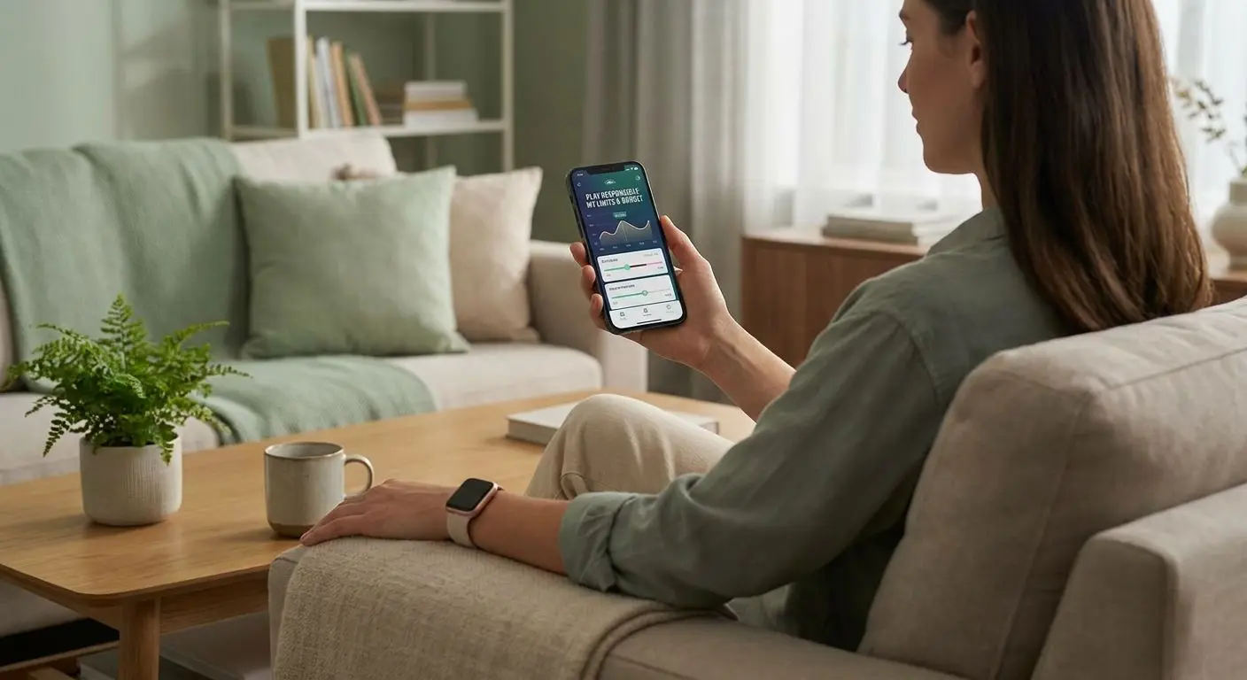 Player checking spending limits on phone in a calm setting