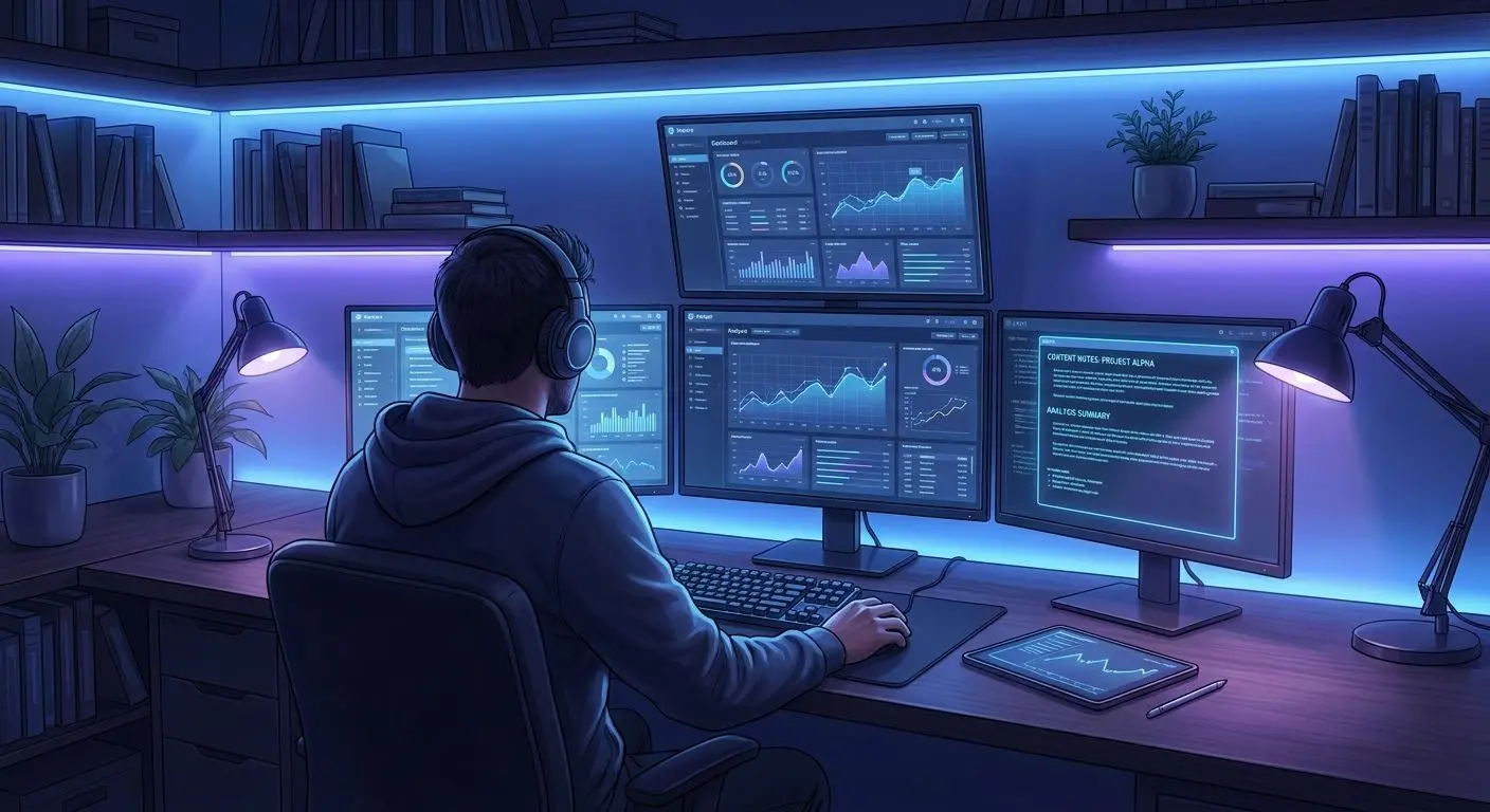 Fictional analyst reviewing online bingo content on screens