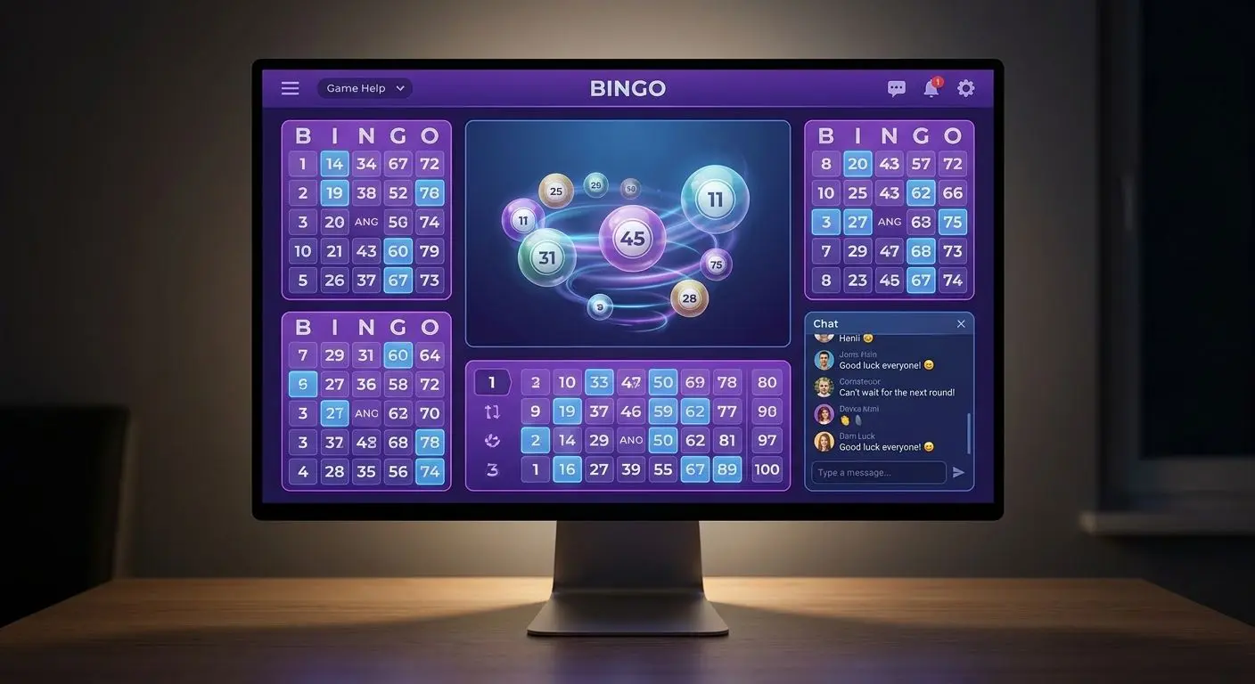 Online bingo lobby with tickets, numbers and community chat