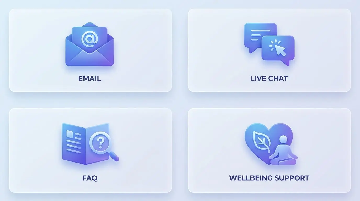 Icons for email chat FAQ and responsible gaming support channels