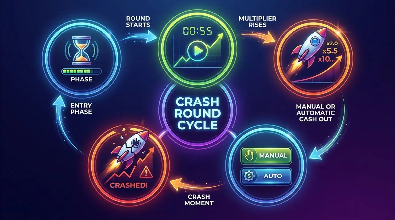 Crash Round Timing Cycle Crash round cycle from stake placement to crash moment