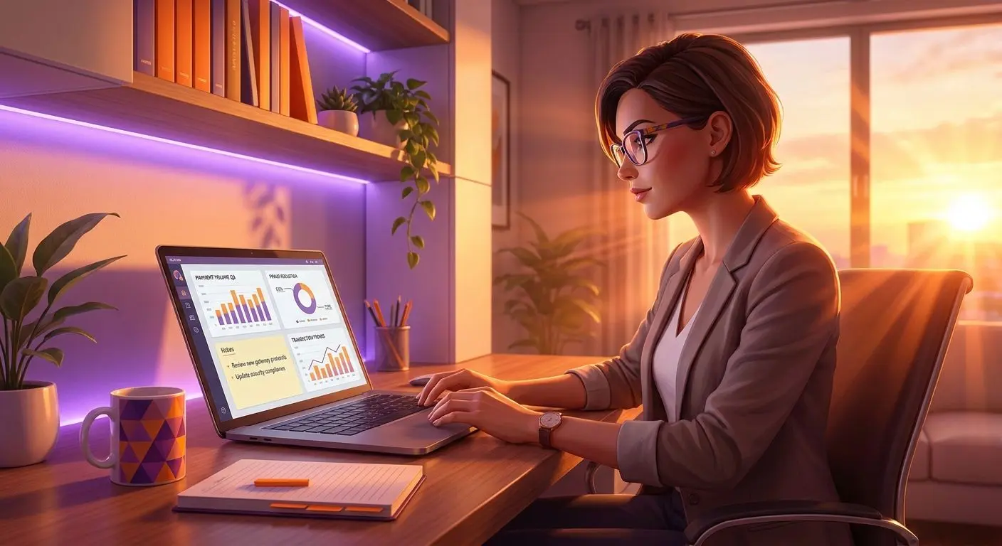 Fictional expert reviewing online payment information on a laptop