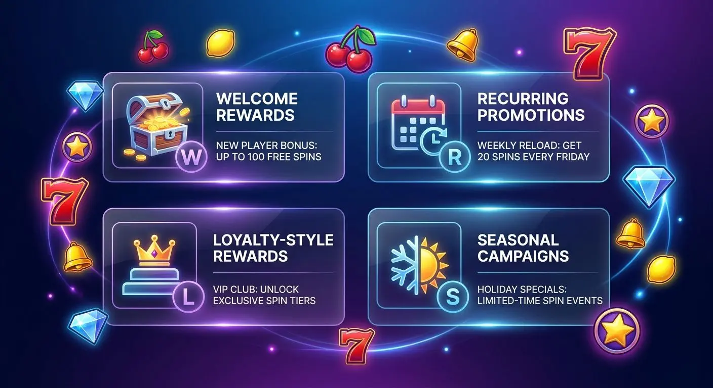 Illustration of different PlayOJO free spins types including welcome and promo offers