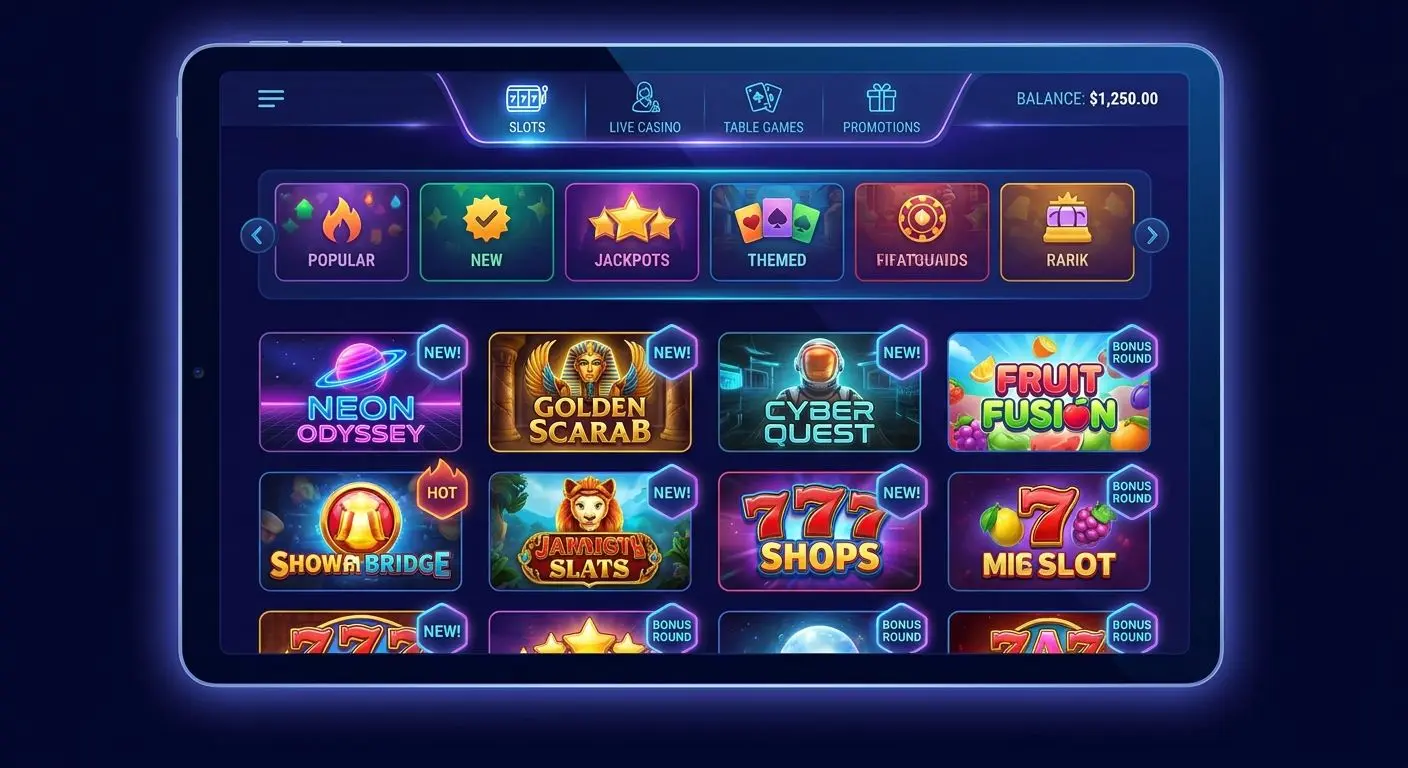 PlayOJO style slot lobby with categories and free spins eligible game badges
