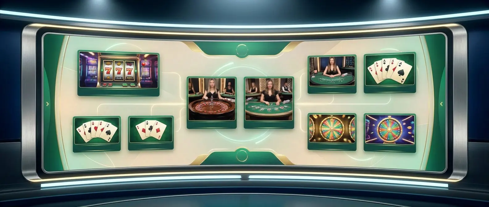Online games lobby with slots, roulette and live-style tables