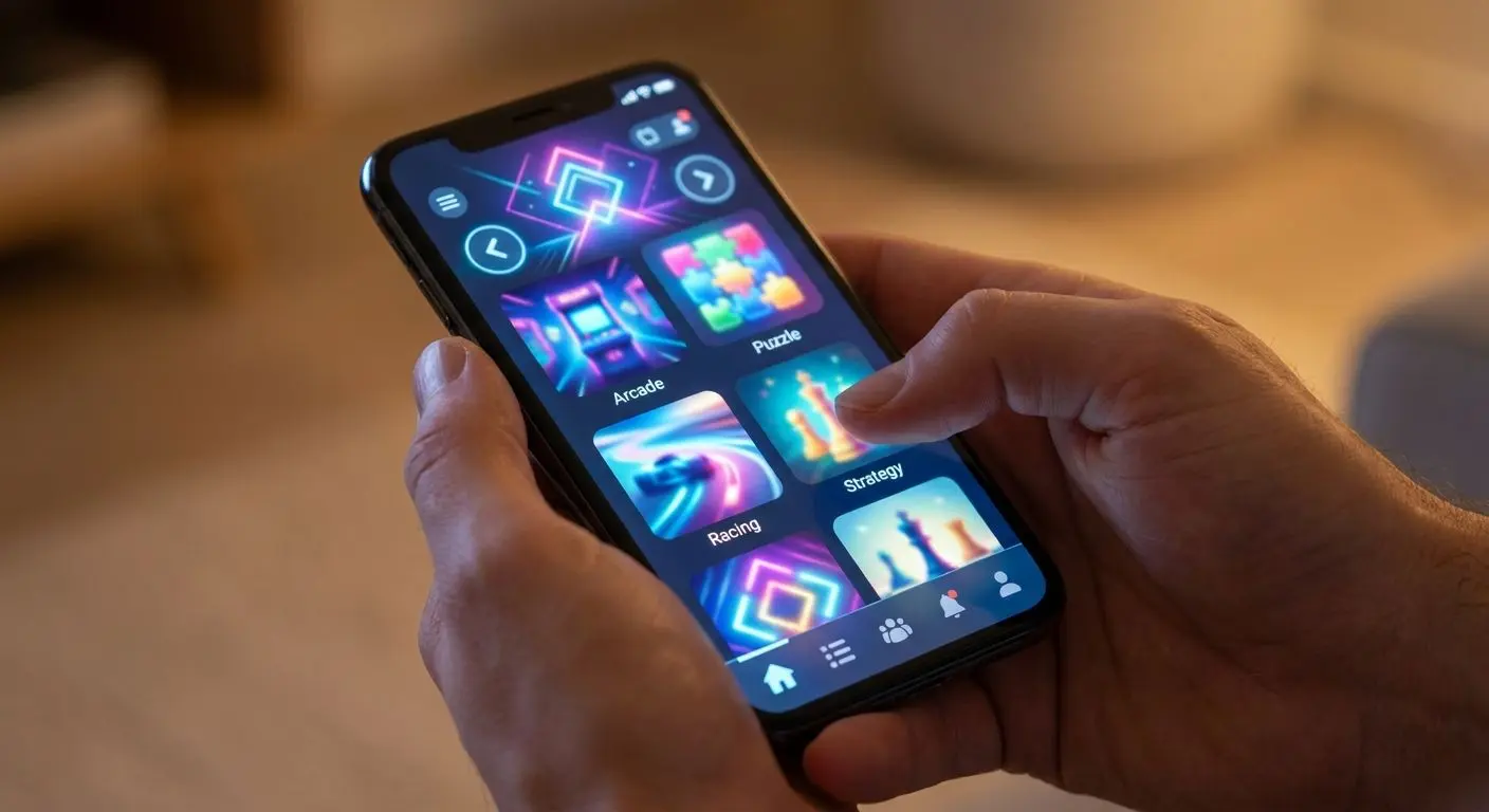 Mobile online games lobby on smartphone with touch-friendly controls