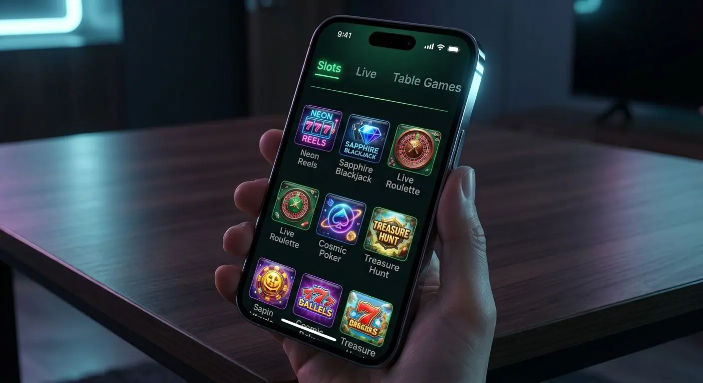 iPhone screen with grid of mobile PlayOJO-style games