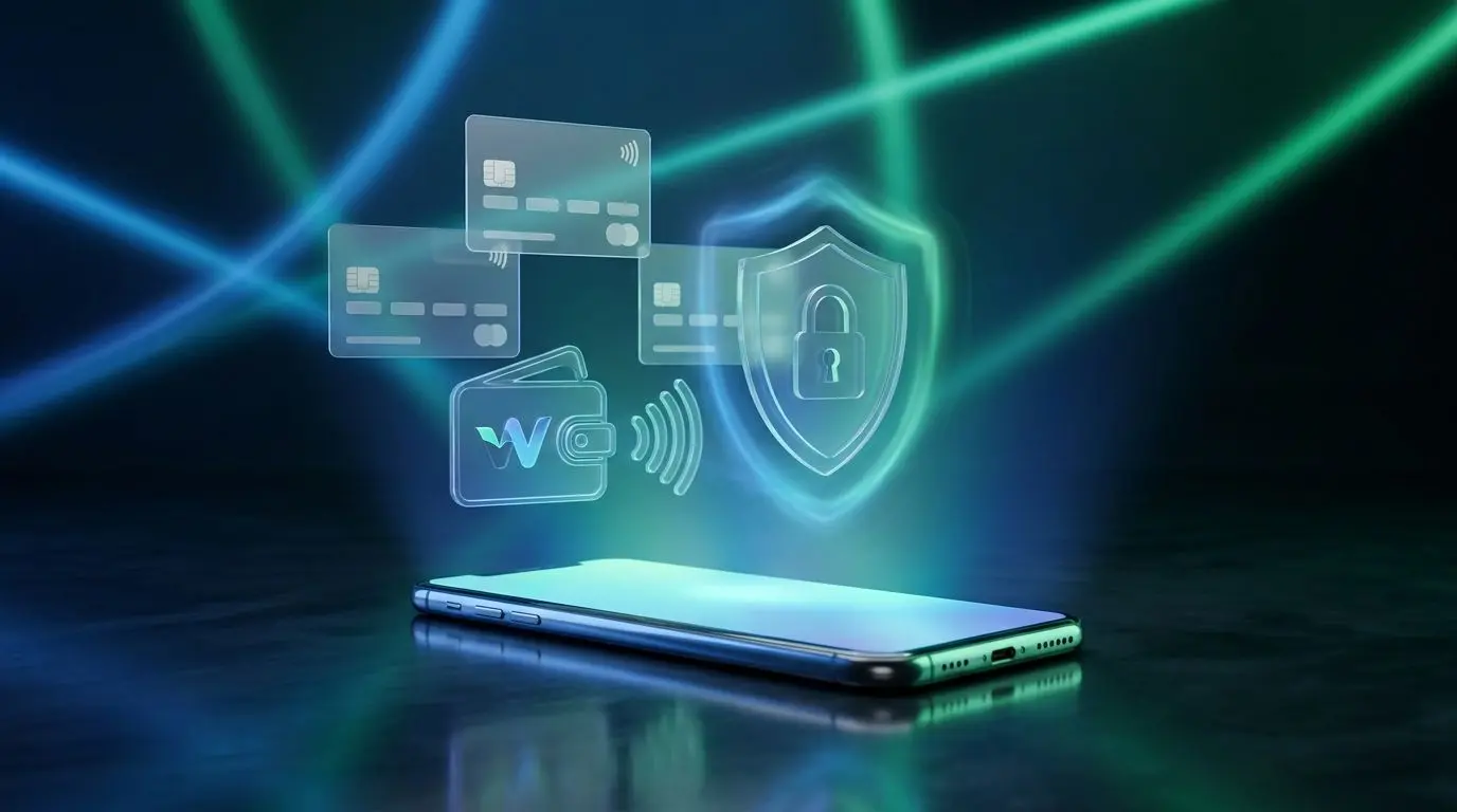 Secure mobile payment illustration with card and wallet icons