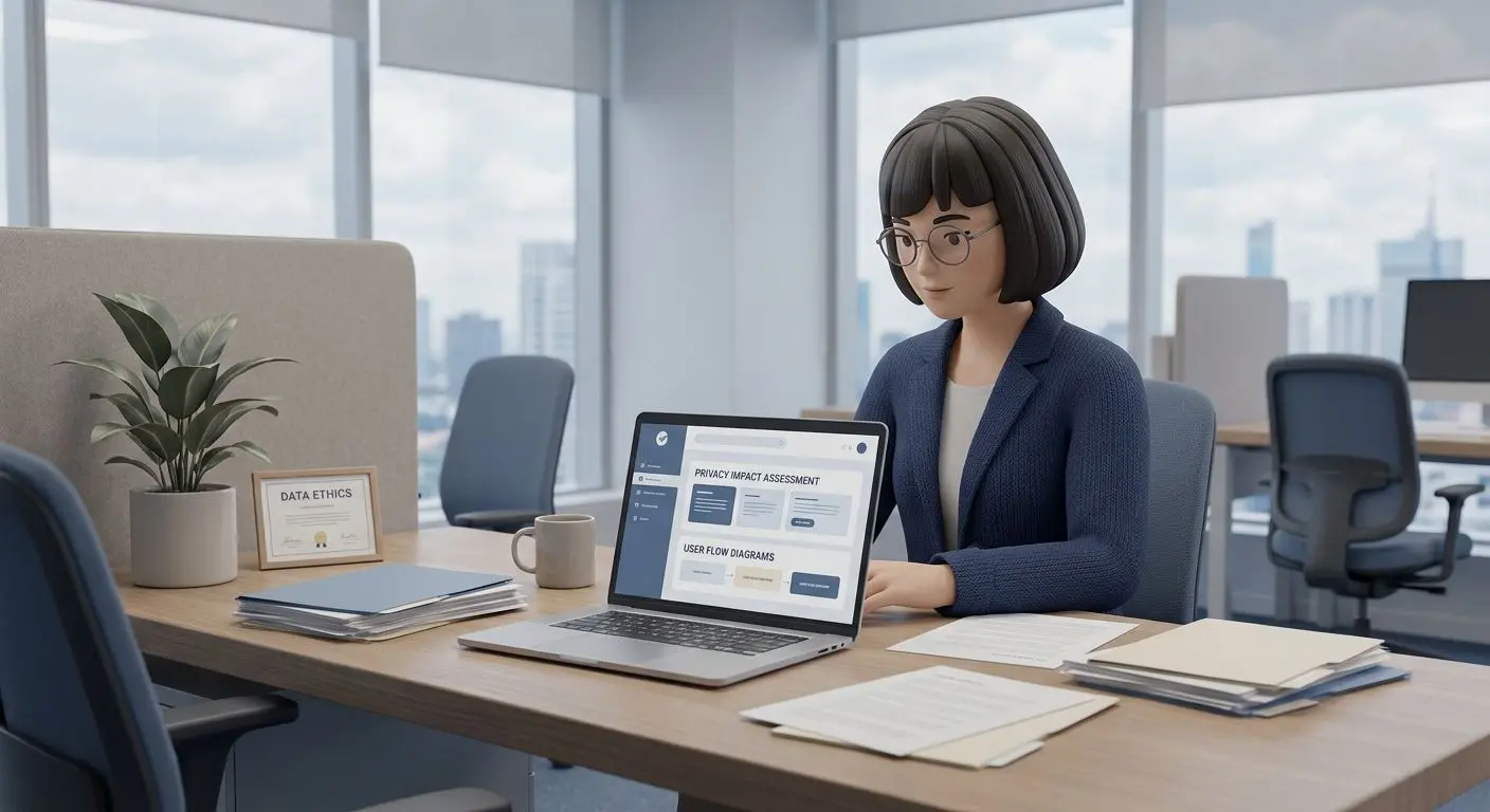 Author and expert review illustration Illustration of a fictional privacy and UX expert reviewing policy documents