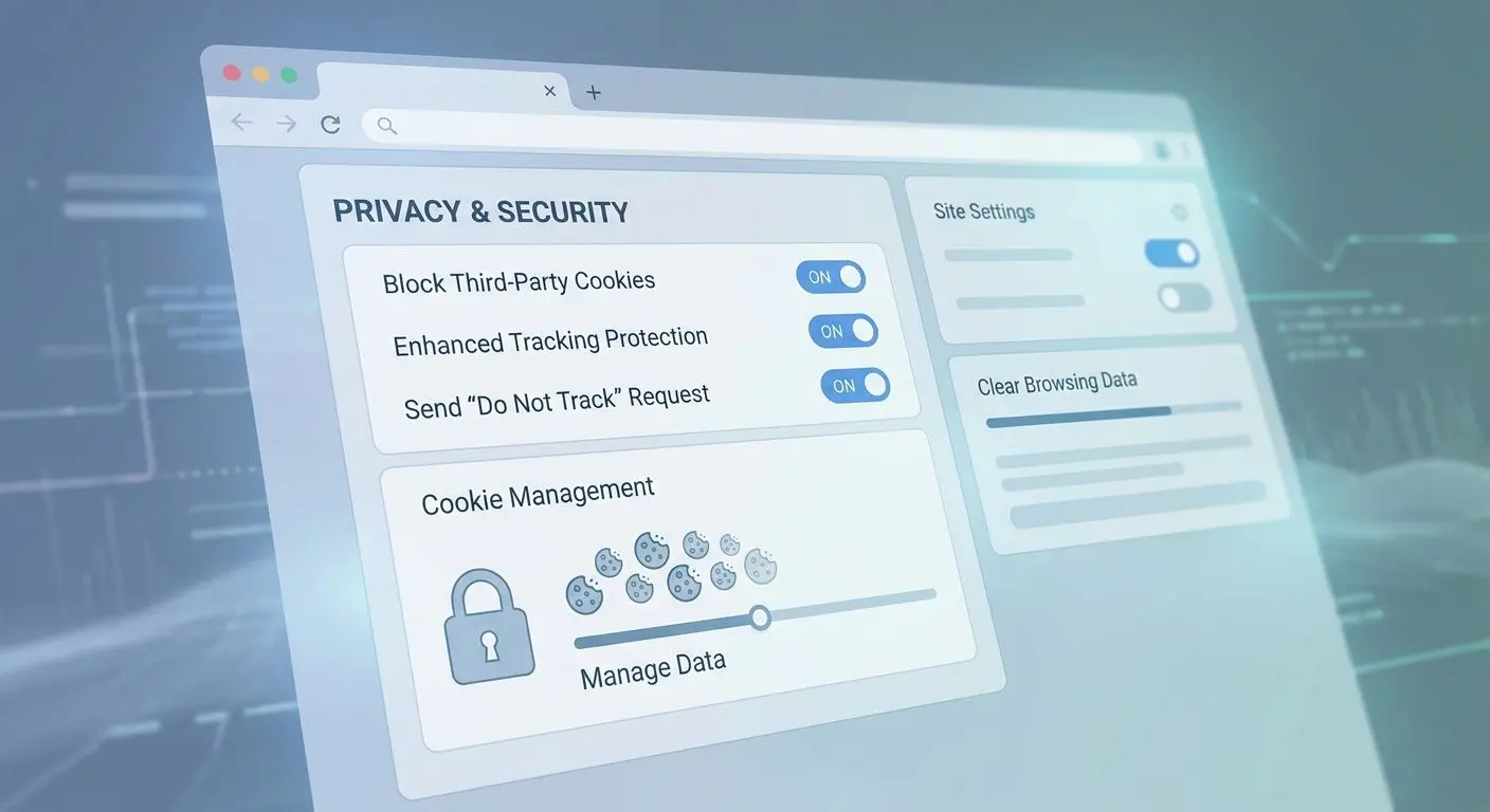 Cookies and privacy settings Privacy settings illustration with browser controls, lock and cookie icons