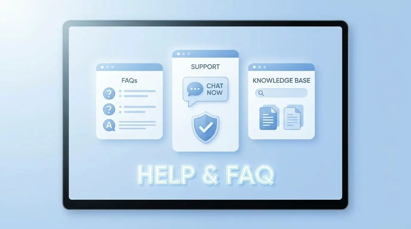 Privacy FAQ and support help FAQ and support illustration with question icons and help interface