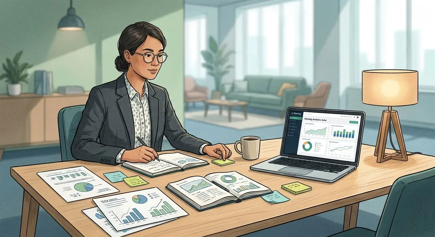 Author illustration for Tiernan Allen profile section Editorial illustration of an iGaming writer at a desk