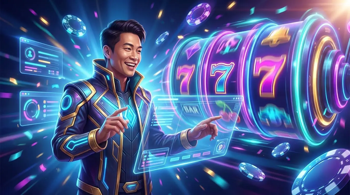 PlayOJO reload bonus promotional banner Dynamic promotional banner with a player and colourful game interface elements