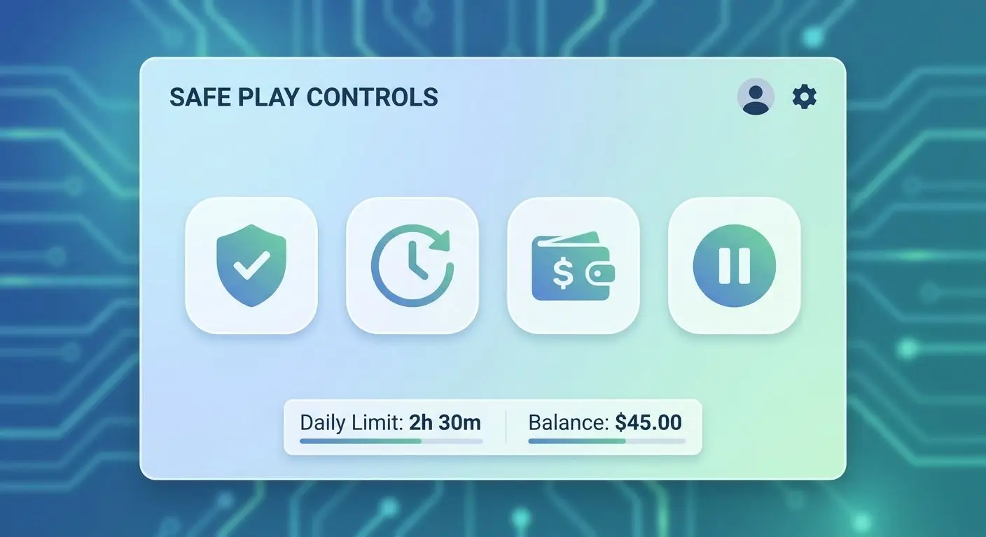 Icons showing time, budget and pause tools for safer play