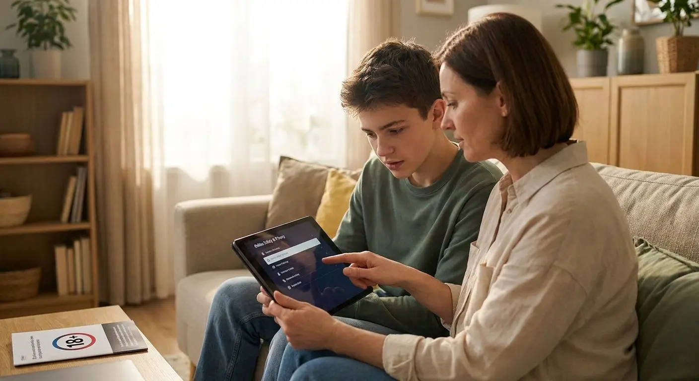 Parent and teen discussing online safety with 18 plus symbol