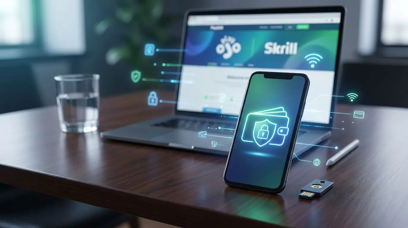 Secure mobile payment scene with lock icon and PlayOJO Skrill style screens