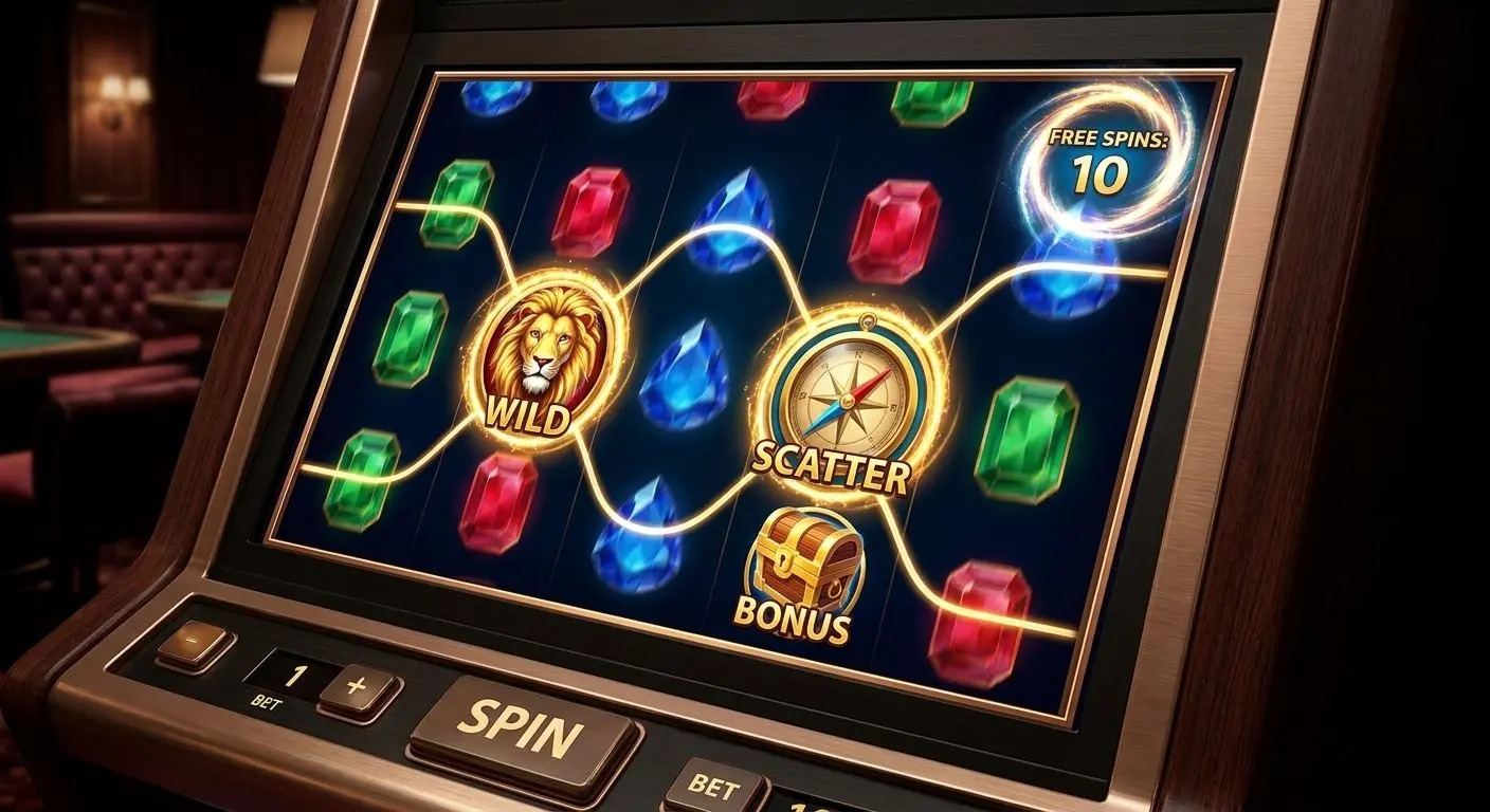 Online slot screen showing reels, paylines, and bonus symbols