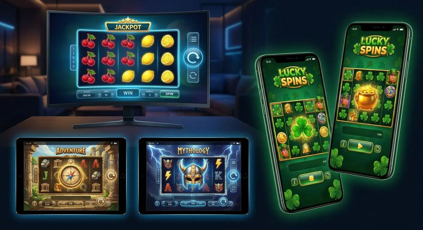 Collage of PlayOJO slot styles on desktop and mobile