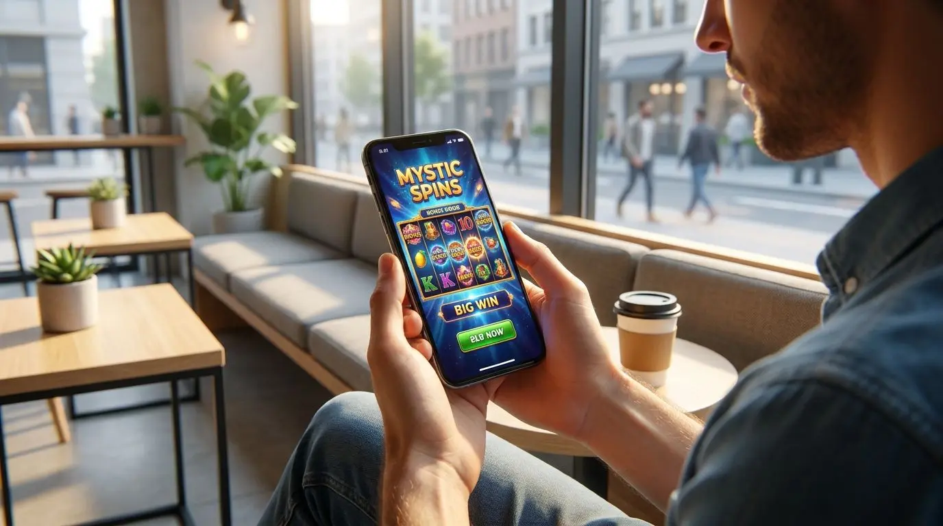 Mobile user playing PlayOJO slots on smartphone