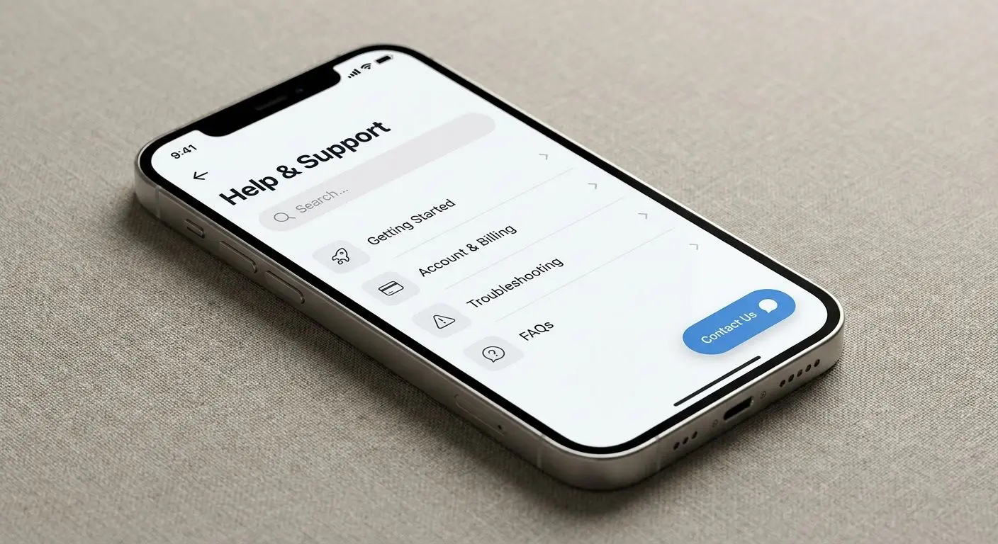 Mobile app screen with help and support section open