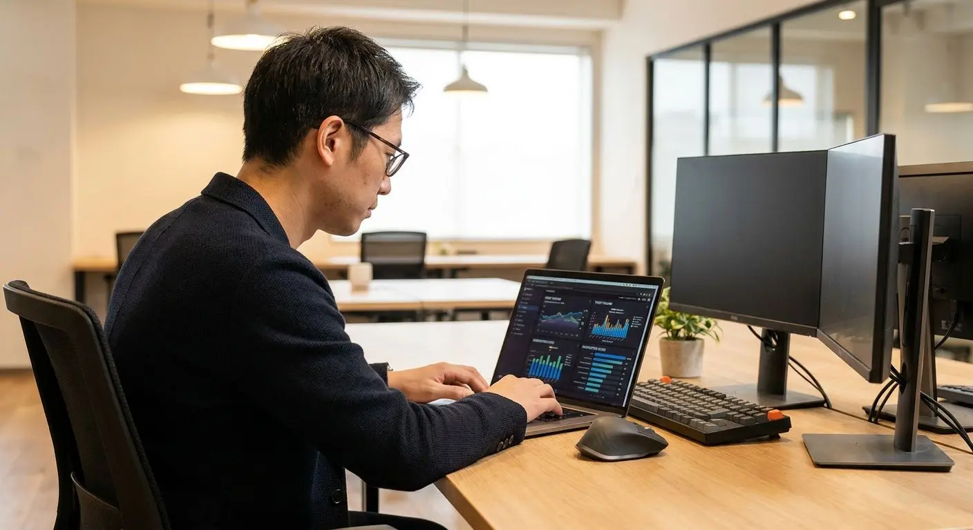 Expert analysing support data on a laptop
