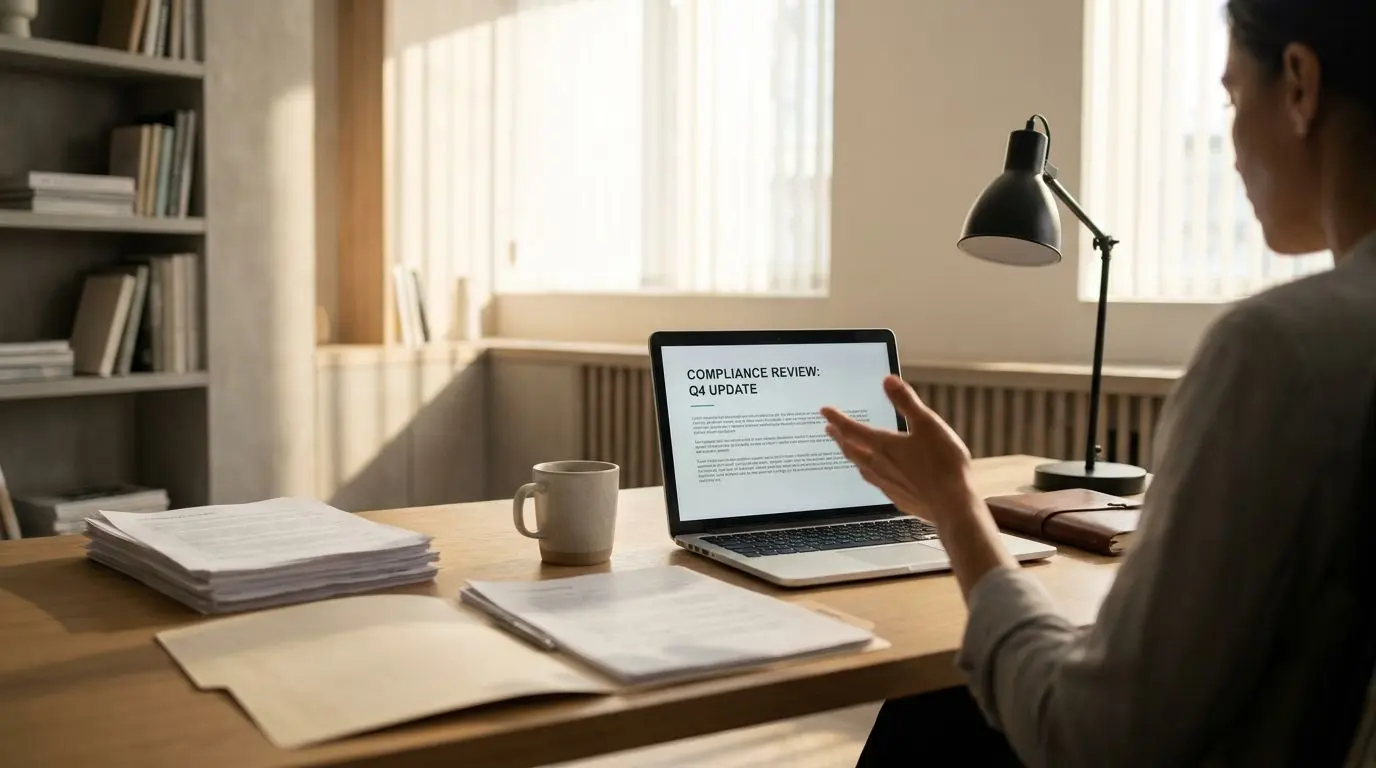 Expert workspace with laptop and compliance document analysis
