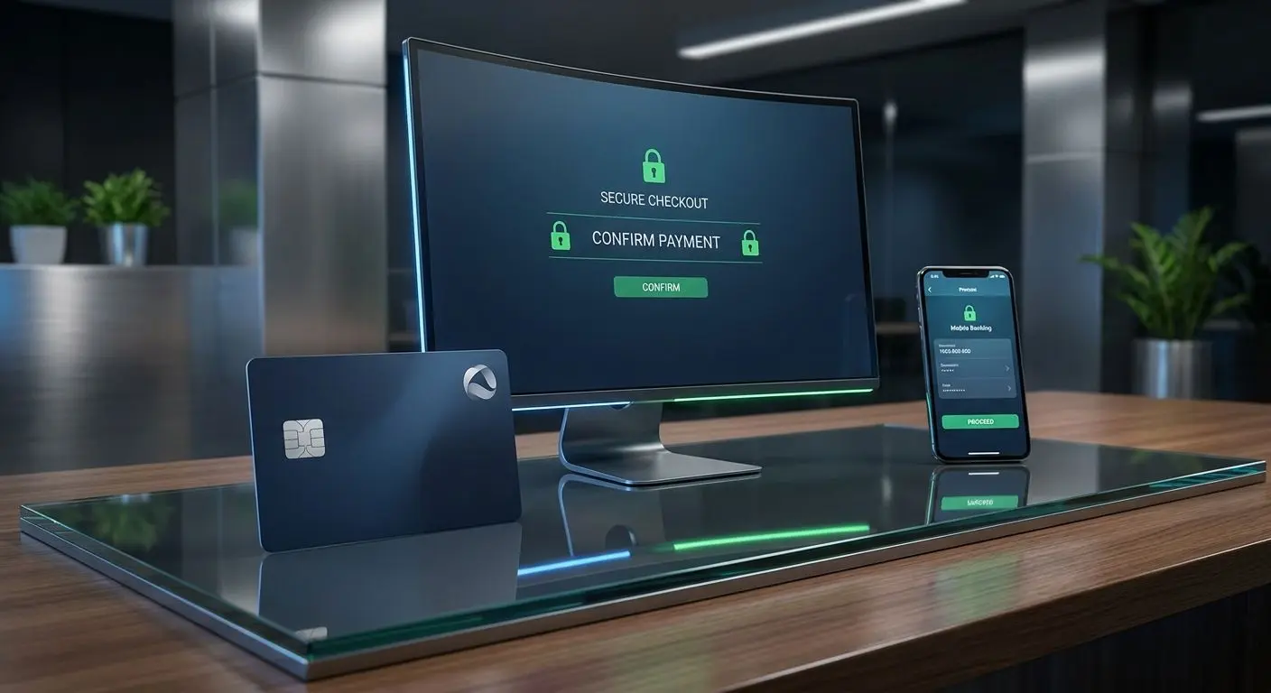 Generic Visa-style card beside a secure cashier interface