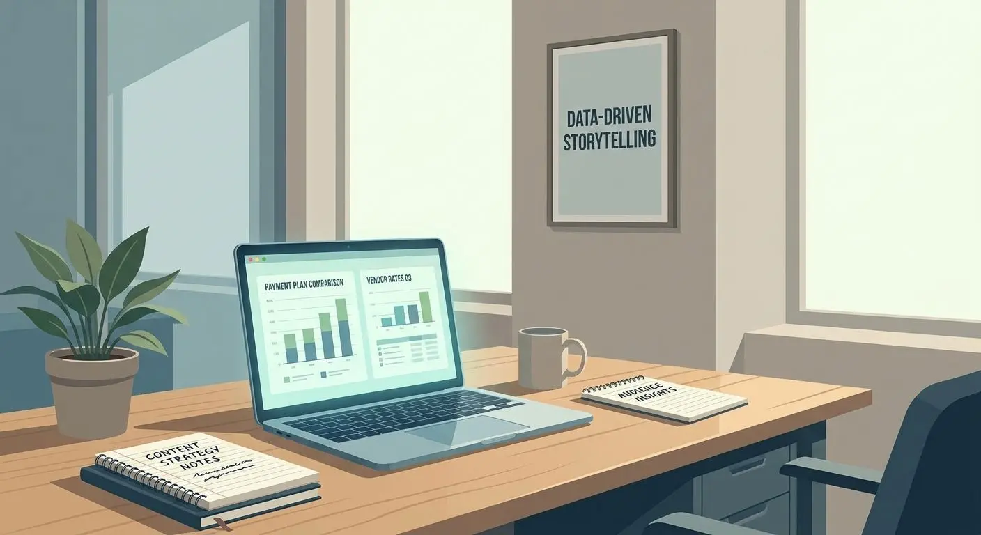 Editorial illustration of an expert workspace for payment guide research